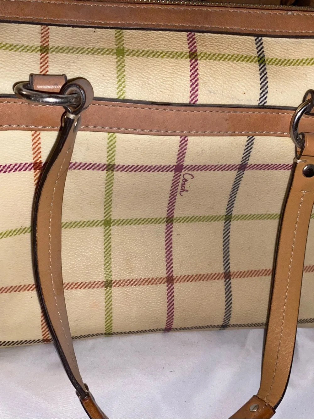Coach Cream Plaid Tote with Pink Center Stripe and Tan Trim